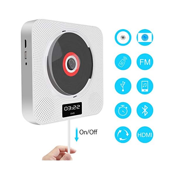 DVD Player Bluetooth Tragbar CD Player Wandmontierbar Kinder MP3 DVD/CD Player Radio mit LED Display, Timing-Funktion, Fernbedienung, HDMI, USB Steckdose, 3,5 mm Kopfhörerbuchse, Weiß