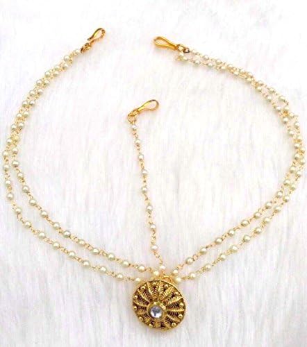 Golden Faux Pearl Diamante Borla Head Chain Matha Patti Tika Tikka Indian Bollywood