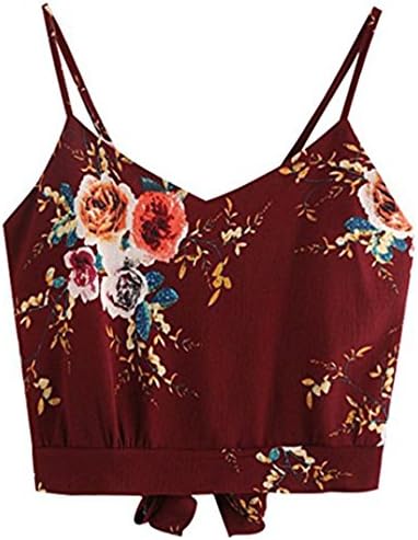 Women Crop Vest, Hmeng Women Ladies Elegant Self Tie Back Crop Tank Fashion Floral V Neck Boho Cami Top Casual Cotton Sleeveless Blouse for Girl (Wine, L)