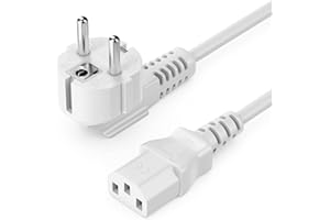 deleyCON 1m Kabel Zasilający IEC C13, Wtyczka z Bolcem Typ F (CEE 7/4) 90° na Gniazdo C13, PC Komputer Monitor Drukarka Projektor - Biały