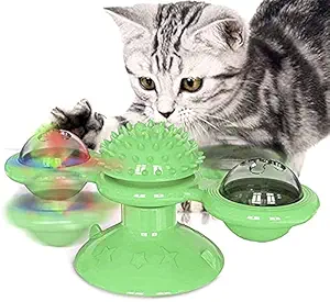 LEELA'S Turntable Teasing Interactive Chew Toy Windmill Cat Toy with LED Catnip Ball Funny Kitten Toys Turntable Massage Scratching Tickle Toy with Suction Cup