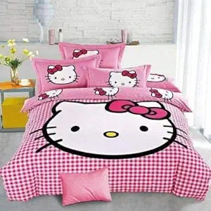 SinghsVillas Decor Presents Cotton Attractive Skin Friendly Hello Pink Kitty Size 90x60 inch Single Character Pattern Bedsheet with 1 Pillow Cover for Your Lovely Bedroom