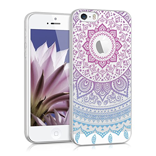 kwmobile Étui transparent en TPU silicone pour Apple iPhone SE / 5 / 5S en bleu rose foncé transparent Design soleil indien