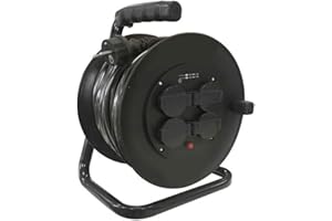 PRENDELUZ Cable eléctrico enrollable 50m con 4 tomas IP44, 3x1.5mm², 16A carrete extensible para uso exterior e interior