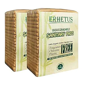 ERHETUS Premium Biodegradable Sanitary Pads for Women | Eco-Friendly Natural & Organic Cotton Base Bamboo Sanitary Napkins for Comfortable & Rash Free Periods - 40 pads (combo of 2*20 pads,XL,290mm)