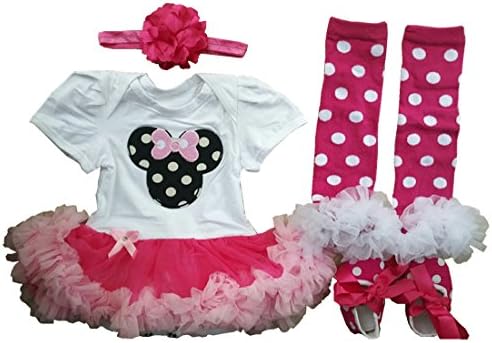 Sallyshiny Infant Newborn Baby Girl Romper Dress Outfit Bodysuit Tutu Skirt Cartoon Clothes 4pcs/set Headband Shoes Leg Warmer (3-6 Months)