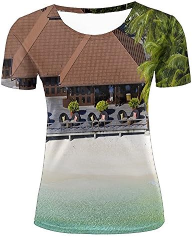 Women T-Shirt 3D Digital Pinted Exotic Cottages Beach Sea Crewneck Casual Tee Shirt Tops S