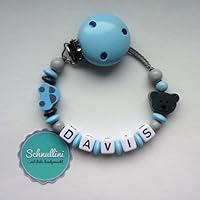 💙 Schnullerkette mit Namen Gravur Auto Teddy Geburt Taufe Geschenk Silikonring individuell | Junge Namenskette