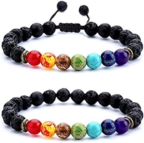 Men Women 8mm Lava Rock 7 Chakras Beads Bracelet Braided Rope Natural Stone Yoga Bracelet Bangle, 2 Pack