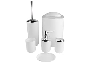 AYNEFY Juego de accesorios de baño de 6 piezas con dispensador de jabón, jabonera, soporte para cepillos de dientes, vaso para cepillos de dientes, papelera (blanco)