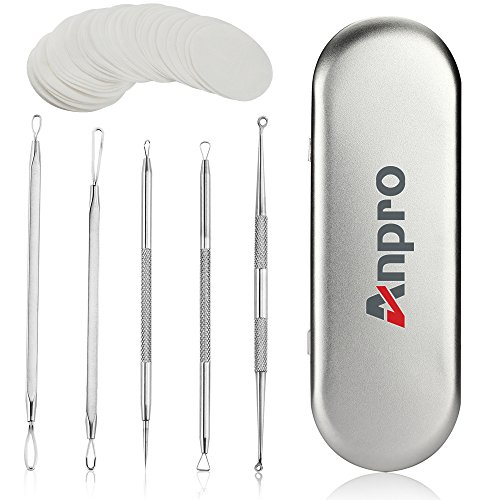 Anpro 5 Stück Mitesserentferner mit 50 Stück Wattepads, Komedonenquetscher Set aus Edelstahl, Nagelhautschieber Werkzeug für Pickel, Whiteheads, Akne