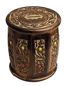 indian wood crafts wooden bazaar handmade wooden barrel money piggy bank coin box birthday gifts for kids, boys, girls & adult-Brown