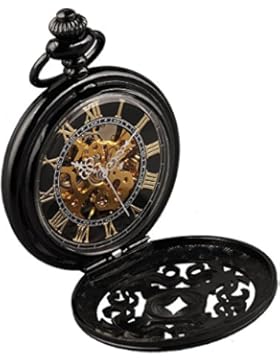 Alienwork Retro Handaufzug mechanische Taschenuhr Skelett Uhr graviert schwarz Metall W891-02