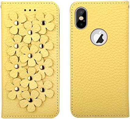 iPhone X Wallet Case Folio (5.8-Inch), 3D Vintage Flower Patchwork Flip Floral Cover PU Leather Wallet Case with 2 Card Holder for Girls and Women (Yellow)