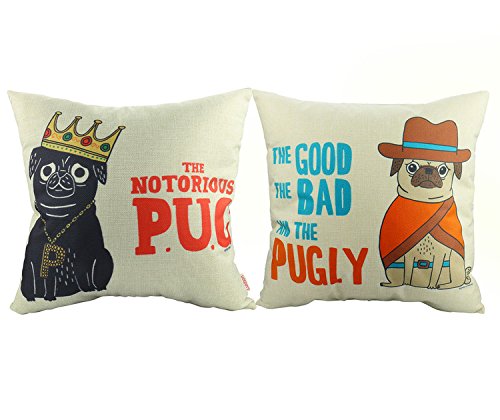 Luxbon 2er Set Pug Hund Leinen Kissenbezug Lendenkissen Wurfkissenbezug Pillowcase Cafe Zimmer Auto Deko 45 x 45 cm
