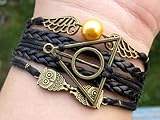 Unique Handmade Bracelet Golden Snitch Bracelet Deathly Hallows Bracelet Owls Bracelet Black Leather Braid and Rope Bangle Gift to Harry Potter Fans