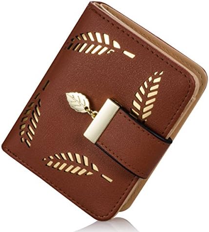 Women's short Leaf Bifold Wallet Leather Hollow Card Holder Purse Clutch Handbag (Coffee)