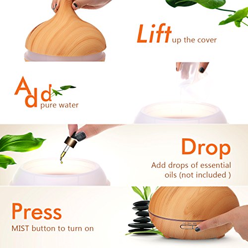 Aroma und Duft Öl Verteiler mit 300ml Kapazität und 30ml/h Feuchtigkeitsabgabe. Neuer Holz Optik Luftbefeuchter, extrem leise durch Ultrasonic Technologie mit 7 farbigen LEDs, 4 verschiedenen Zeit Einstellungen und automatischen Power off ohne Wasser für Bad, Yoga, Zuhause oder Büro - 3
