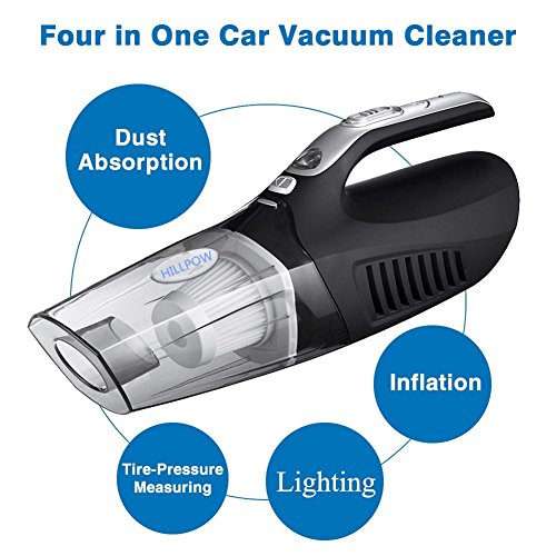 Preisvergleich Produktbild HILLPOW 4 in 1 Tragbare Wet / Dry Auto Staubsauger Handheld Auto Handsauger Vakuum12V 100W beweglichem Vakuum Duster Reiniger Supersaughaushalt mit Gummireifen Reifendruck Messgerät und LED Licht-Schwarz