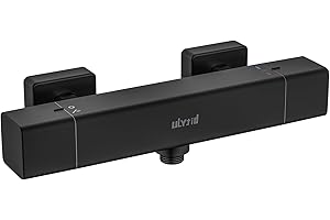 Grifo Ducha Termostatico Negro, Ulytid Grifo Bañera Baño de Pared, Termostato Ducha con Botón de Seguridad 38℃, Superficie Antiquemaduras, Moderno Mezclador de Ducha de Agua Fría y Caliente