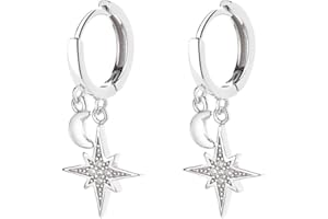 IMINI Boucles d'oreilles créoles pendantes en argent sterling 925 avec étoile en zircone cubique pour femme et fille - Motif croissant de lune, Argent sterling, Zircone cubique