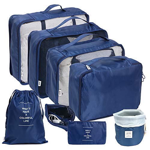 Cubos de Embalaje 8 Juegos de organizadores de Equipaje de Viaje, Bolsa de Almacenamiento portátil Impermeable Bolsas de compresión (Azul Oscuro)