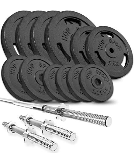 Hop-Sport Guss Hantelset mit Langhantelstange, Kurzhantelstangen und Gewichten, 1x Langhantel, 2X Kurzhantel, Set 34kg 54kg oder 74kg zur Auswahl (74kg)