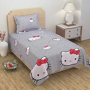 BOMBAY TWILLS Present Cotton Hello Kitty Single Bedsheet with 1 Pillow Cover (Grey)