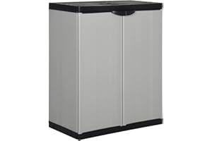 Gecheer Garten Lagerschrank mit 1 Boden Gartenschrank Kunststoffschrank Werkzeugschrank Aufbewahrungsschrank Außenschrank Geräteschrank Grau und Schwarz 68x40x85 cm