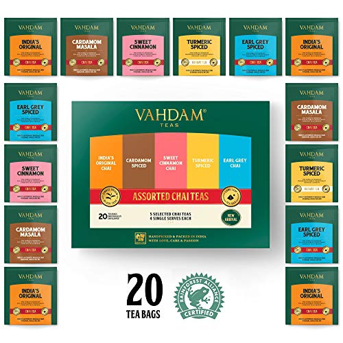 VAHDAM, surtido de té Chai 5 tés, 4 bolsitas de té de pirámide cada una (20 bolsitas de té) | Original Masala Chai de la India, dulce canela Chai, cardamomo Chai, Earl Grey Chai de India