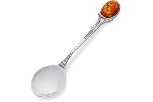 AMBEDORA Small Spoon for Boy or Girl, Sterling Silver Oxidised, Silver Spoon Patras with Amber, Christening Birthday Gift