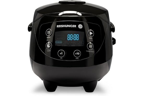 REISHUNGER Mini Auto Cuiseur Riz (rice cooker) Japonais et Cuiseur Vapeur Noir avec la Fonction de Maintien au Chaud et Bol en Céramique, dont Cuillère et Tasse à Mesurer – 0.6 l pour 1-3 personnes…
