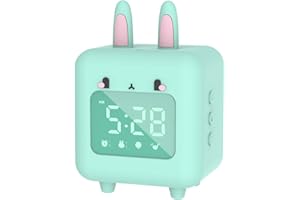 MONODEAL Réveil Enfant Lumineux Lapin,LED Numerique Lampe Réveil Veilleuse Fille Garcons Jour Nuit Enfant Volume Réglable Snooze Réveil, Cadeau pour Noel Anniversaire Enfants