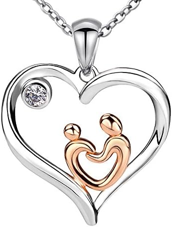 Apotie 925 Sterling Silver real Charm Heart Mother's Eternal Love Pendant Necklace MoM and Child with Rose Gold Christmas Gift Jewelry for Women