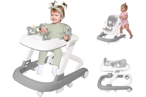 LIUNNCC Trotteur 4 en 1 pour bébé avec plateau d'alimentation amovible et plateau à musique, trotteur d'activité pliable pour garçons et filles de 6 à 18 mois (Gris-60 * 55 * 70cm)