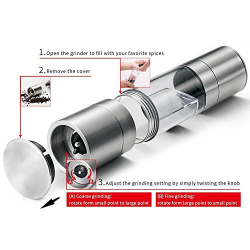 Salz- und Pfeffermühle 2-in-1 Set, Premium Gewürzmühle mit einstellbarem Edelstahl Schleifer, Doppelmühle Keramikmahlwerk - 5