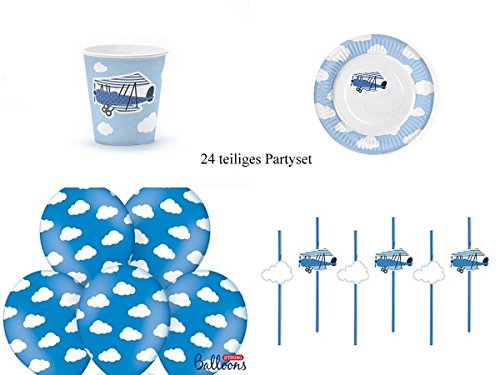 Partyset Flugzeug blau 24 teilig Babyparty 1.Geburtstag Kindergeburtstag