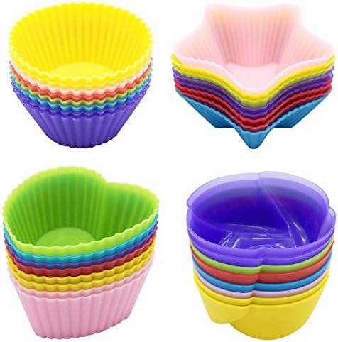 Baking Cups KIDAC Cupcake Liners Non-stick Reusable Food Safe Silicone Muffin Cup Set (32 Pieces Assorted Colors 4 Shapes)