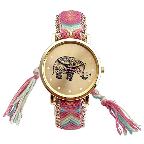 JSDDE Uhren, Damen Ethnisch Elefant Muster gestrickt gewebte Seil Band Armbanduhr Quarzuhr, Gruen+Pink JSDDE Uhren, Damen Ethnisch Elefant Muster gestrickt gewebte Seil Band Armbanduhr Quarzuhr, Gruen+Pink