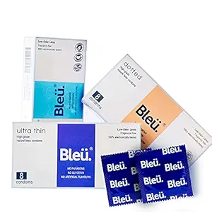 Bleu All Natural Latex Condoms Ultra Thin + Dotted + 3-In-1 Combo Condoms (24 count) Reduced Itching, Irritation Latex Smell. Free of Paraben, Glycerin, Benzocaine