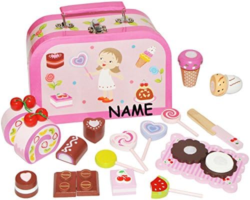 22 tlg. Set: Koffer incl. Namen - mit Holz Süßigkeiten zum Schneiden - Eis Torte Biscuit Lolli - für Kinder Holzfrüchte Kaufmannsladen Zubehör Kaufladen Holzfrüchte mit Klettverschluß Puppenkoffer - Kinderholzspielzeug / Schokolade / Pralinen - Torte / Petit Four