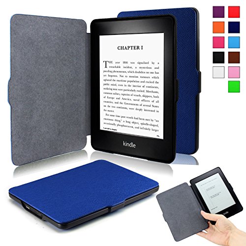 Infiland Amazon Kindle Paperwhite Litchi Falte Case Hülle - Ultra Slim Leder Schutzhülle Tasche hülle Case für Amazon Kindle Paperwhite (geeignet für alle Vorgängermodelle von 2012, 2013, 2014 und den neuen Kindle Paperwhite 2015 mit 300 ppi-Display, 6" Bildschirm, und integrierter Beleuchtung), Mit Auto-Sleep / Wake-up-Funktion,Dunkleblau
