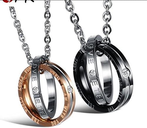 keybella 2 Pcs Stainless Steel Cubic Zirconia Pendant Necklace Pendant Cubic Zirconia Silver Black Gold Ring Love Valentine pair Him &amp; Her Set Men, Women, "The World Looks Wonderful When I An with you, Long Chain Included
