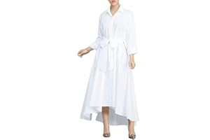 VERWIN Women Long Sleeve Loose Elegant Maxi Dress Button Down Up Shirt Long Dress with Pockets and Belts