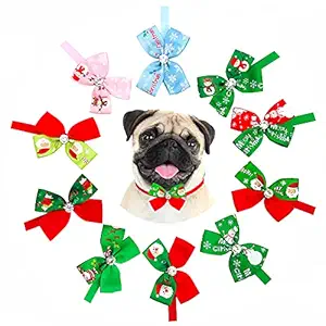 JpGdn 10pcs Christmas Small Dogs Bowties with Rhinestone Santa Claus Snowman Xmas Bow Ties for Puppy Doggy Cat Rabbit Medium Pet Adjustable Neckties Bowtie Collar Grooming Accessories Costume