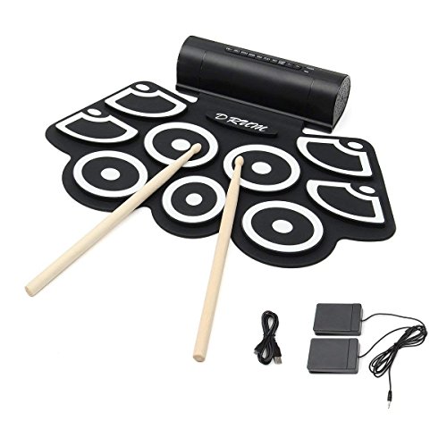 Hizek Batterie Electronique 9 Pads Portable Drum Pad Kits Pliable Musical Entertainment Instrument avec 2 Pédales de Pied et Des Bâtons de Tambour pour Débutants et Enfants - Noir
