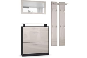 Vladon Garderobe Loret Mini, Garderobenset bestehend aus 1 Schuhschrank, 1 Wandspiegel und 2 Garderobenpaneele, Schwarz matt/Sandgrau Hochglanz