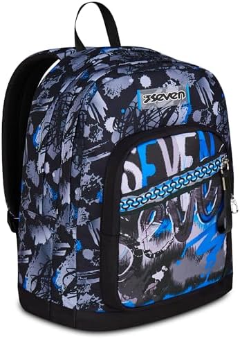 Seven Zaino New Fit, Doppio Scomparto, Tasca Porta Borraccia, Scuola e Tempo Libero, Hue & Writes, Bambini e Ragazzi, grigio/azzurro