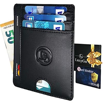 LuxyGo - Porte Carte De Credit - Protection Carte bleue Sans Contact - Petit Etui Cuir Slim Protege La Fraude Bancaire - Offert Carte Anti Piratage Pour Portefeuille - Blocage RFID - Idée Cadeau Homme