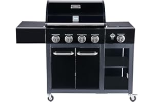 Arsard Barbecue a Gas Professionale XXL Con 5 Fuochi Multifunzione Da 16 KW, Completo Di Bruciatore Laterale, Coperchio, Termometro, Griglia In Ghisa, Ruote, Portabombola E Struttura In Acciaio Inox